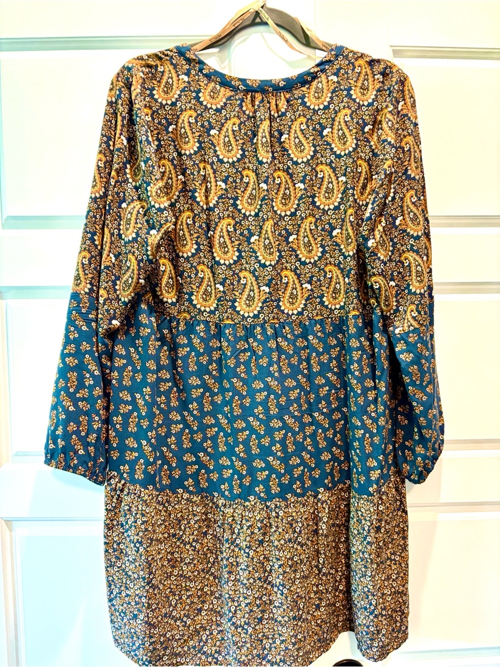 Boho Floral Paisley Tiered Dress in Peacock Blue and Mustard - Picture 2 of 6